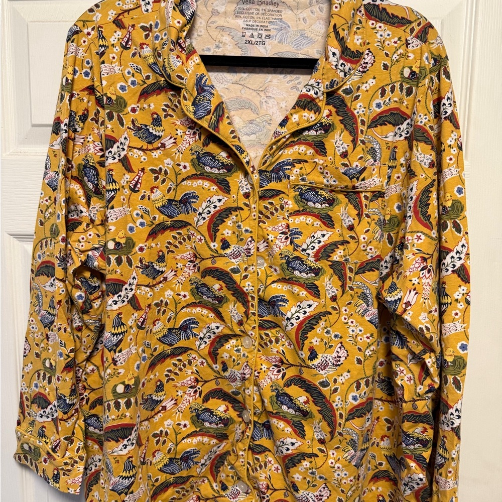 Vera Bradley Mustard Yellow Floral & Bird Print Pajama Top